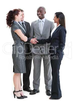 Cheerful business partners shaking hands