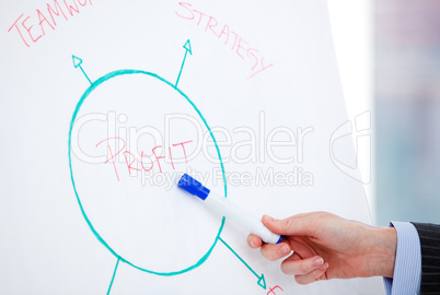 Close-up of a businesswoman pointing at a white board