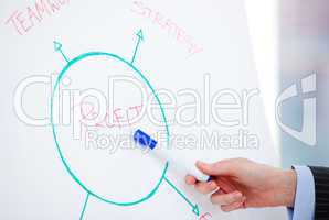 Close-up of a businesswoman pointing at a white board