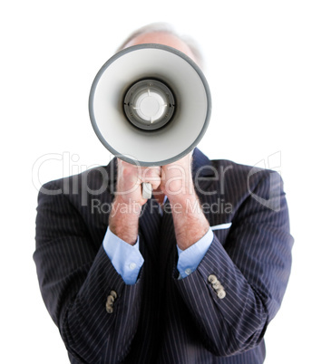 Senior businessman using a megaphone