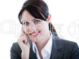 Portrait of a positive businesswoman talking on phone