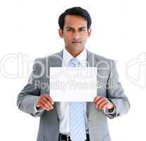 Confident businessman showing a note