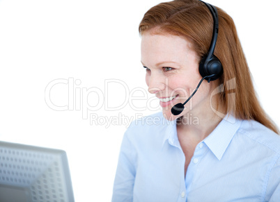 Radiant sales representative woman working on a computer