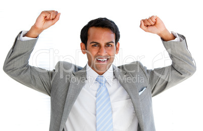 Happy businessman punching the air