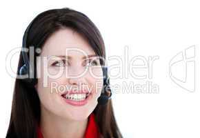 Brunette sales representative woman with an headset