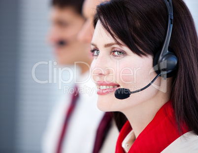 Concentrated sales representative team with an headset