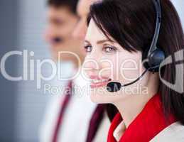 Concentrated sales representative team with an headset