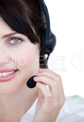 Close-up of sales representative woman with an headset