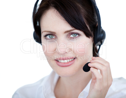 Radiant sales representative woman with an headset