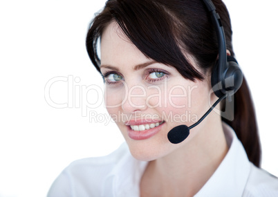 Portrait of sales representative woman with an headset