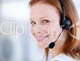 Cute sales representative woman with an headset