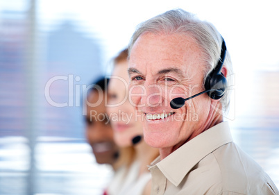 Self-assured sales representative team with headsets