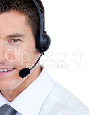 Portrait of a sales representative man with an headset