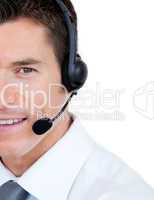 Portrait of a sales representative man with an headset