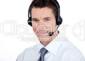 Confident sales representative man with an headset