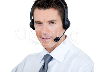 Self-assured sales representative man with an headset