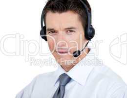 Self-assured sales representative man with an headset