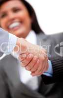 Smiling businesswoman looking at her partners shaking hands