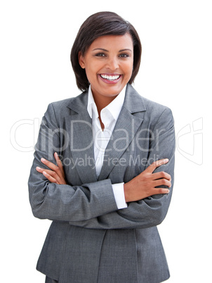 Positive businesswoman with folded arms standing