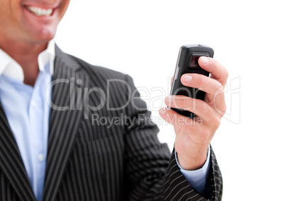 Businessman holding a phone on whitebackground