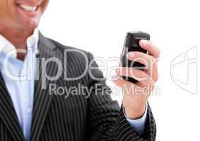 Businessman holding a phone on whitebackground