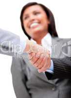 Cheerful businesswoman looking at her partners shaking hands