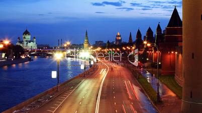View on Kremlin wall and towers at a sunset