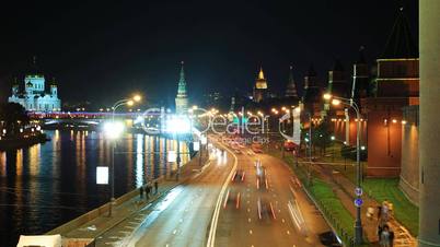 View on Kremlin wall and towers at night