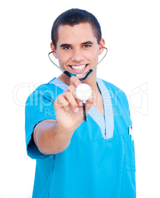 Hispanic male doctor wearing blue uniform holding a stethoscope