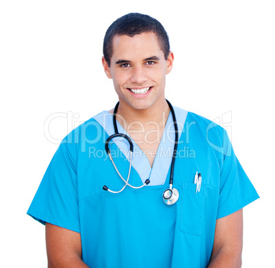 Portrait of self-assured male doctor wearing blue uniform