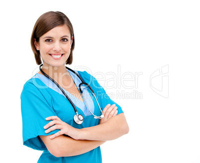 Confident female doctor folding arms
