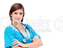 Self-assured female doctor folding arms