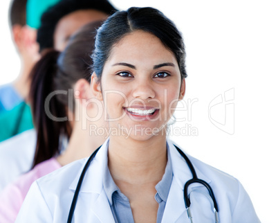 Portrait of a multi-ethnic medical team standing in a line