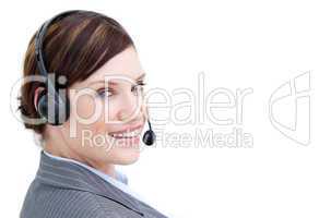 Bright businesswoman with headset on