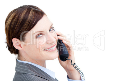 Radiant businesswoman talking on phone