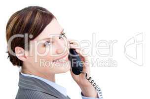 Radiant businesswoman talking on phone