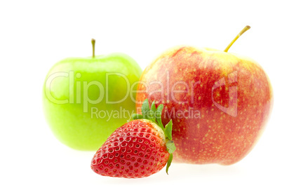two apples and strawberries isolated on white