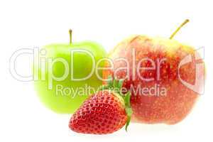 two apples and strawberries isolated on white