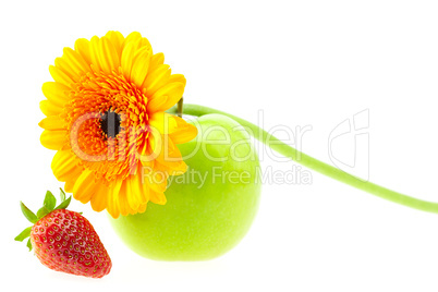 strawberry, apple and flower isolated on white