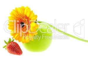 strawberry, apple and flower isolated on white