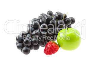 grapes, strawberries and apple isolated on white