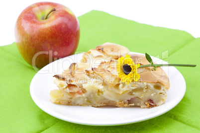 apple pie, a flower on a plate and apple