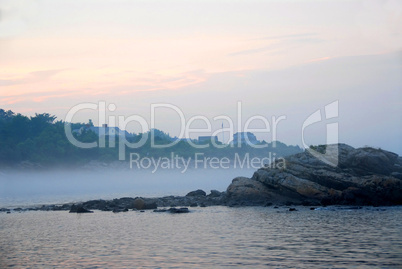 Rocky misty coast