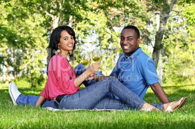 Happy couple having wine in park