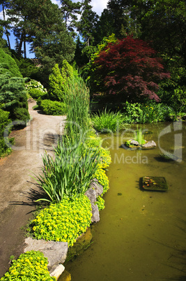 Landscaped garden path and pond