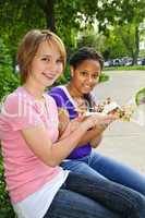 Girls eating pizza