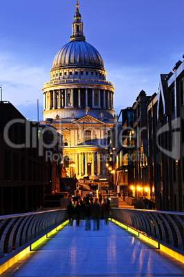 St. Paul's Cathedral  from Millennium Bridge in London at night