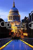 St. Paul's Cathedral  from Millennium Bridge in London at night