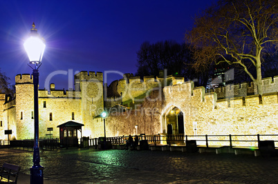 Tower of London walls at night