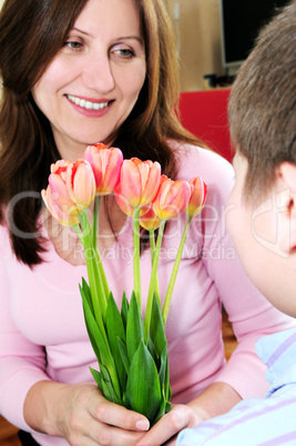 Mother with bouquet of flowers